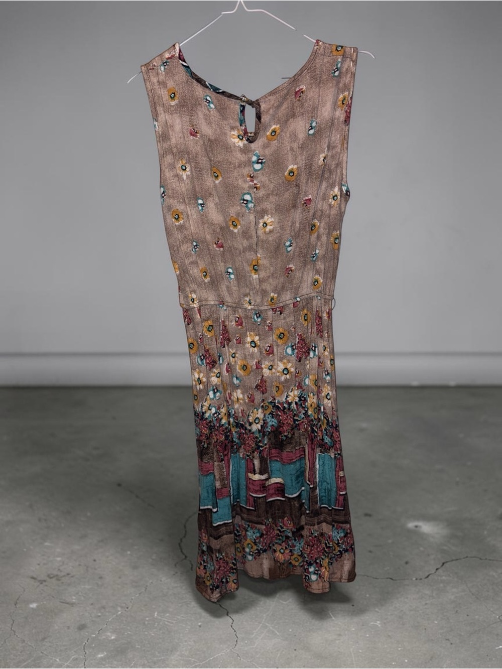 Source Unknown Brown Floral Border Maxi Dress with Teal Accents
